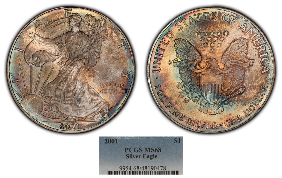 2001 1 oz Silver American Eagle - PQ Monster Rainbow Toning - PCGS MS 68 - E2973 - Image 1 of 4