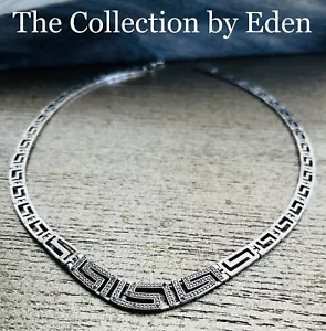 Macys Necklace- Silver Plate Greek Key Link Collar with Genuine Diamond Accent - Picture 1 of 4