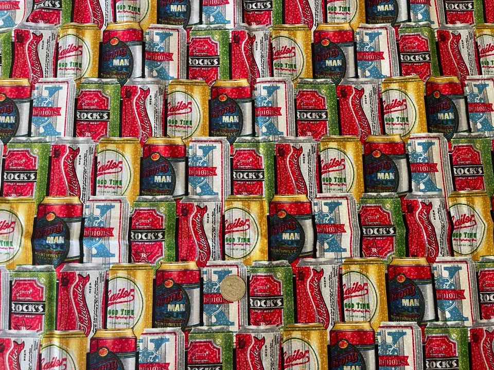 NOVELTY BEER CANS PACKED 100% COTTON FABRIC QUILTING MATERIAL - Image 1 of 1