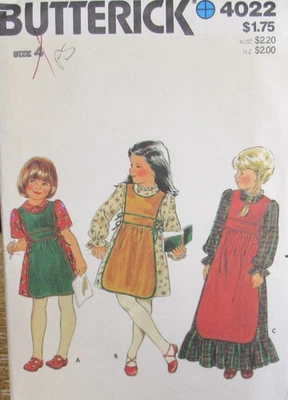 Vintage Butterick 4022 Little Girls 4 Dress Pinafore Apron Maxi Gown Pattern UC - Image 1 of 2
