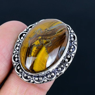 Anillo hecho a mano ojo de tigre enchapado en plata 925 de EE. UU. talla 8,5 Foto 1 de 3