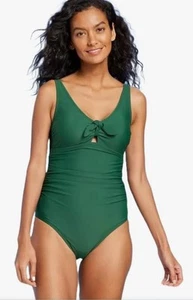 Women Long Torso Tie-Front Ruched One Piece Swimsuit Kona Sol Dark Green L Tall - Picture 1 of 12