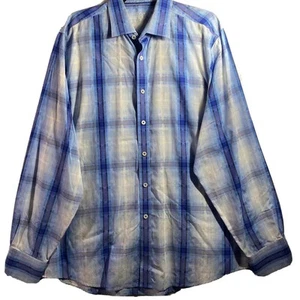 Bugatchi Uomo Mens Size (Measures 2XL) Button Up Shirt Long Sleeve Blue Plaid - Picture 1 of 10