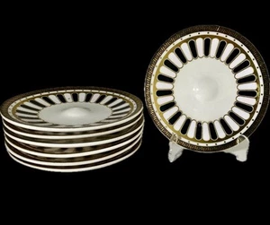(7) 4-3/4" Plates Black White & Gold Geometric Pattern Key Border Raised Center - Picture 1 of 8