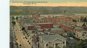 HUNTINGTON, WEST VIRGINIA BIRDSEYE OF BUSINESS SECTION - DRUG STORE OLD POSTCARD - Picture 1 of 2