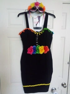 Dia De Los Muertos Black Dress w/ Embellishments, Mask & Fishnet Hose-HALLOWEEN - Picture 1 of 9