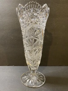 American Brilliant cut glass 10.5 Inch trumpet Bouquet Style Etched Bird Inlay - Picture 1 of 11