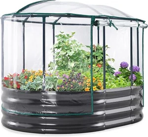 New- Raised Garden Bed with Cover Galvanized Oval Planter Garden Box Ou - Picture 1 of 5