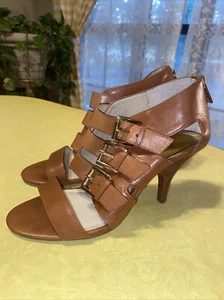 MICHAEL KORS Brown 3" Heels Zipper Back Leather Open Toe Sandals Sz 8.5 Buckles - Picture 1 of 8