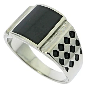 Black Onyx Diamond Pattern Accent Mens Stainless Steel Ring size 12 T50 - Picture 1 of 3