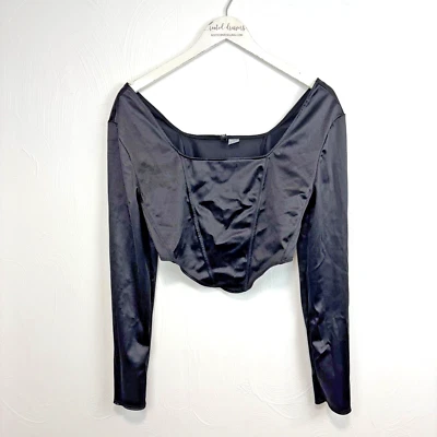 Атласный укороченный верхний черный длинным рукавом сексуальный Дата ночь корсет рубашка разделенный H & M Sz L - Изображение 1 из 4