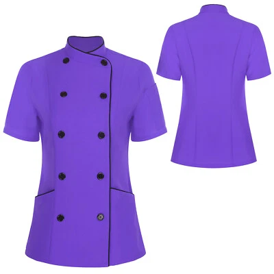 Women Tops Contrast Color Coat Pocket Jacket Soft Short Sleeve Restaurant Chef - Image 1 of 4
