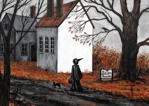 Impresión ACEO de pintura RYTA ART SALEM Gato Bruja Casa Embrujada Halloween folk 🙂 - Imagen 1 de 1