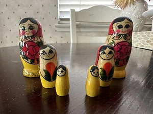 Bambole russe in legno nido matrioska dipinte a mano set di 6 impilabili vintage 2,8" - Foto 1 di 9