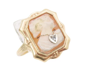 10K GOLD Vintage Ring Cameo With Real Diamond Heart Necklace Sz 6 GR761 - Picture 1 of 7