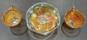 Three Pieces of Jeannette Anniversary Iridized Marigold Carnival Glass - Picture 1 of 3