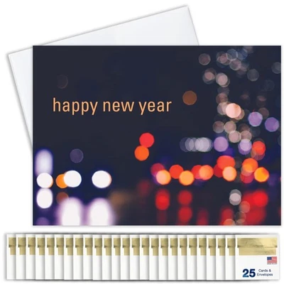 New Years Cards for Business & Family (Lights at Night) Greeting Card Set Pac... - Image 1 of 4