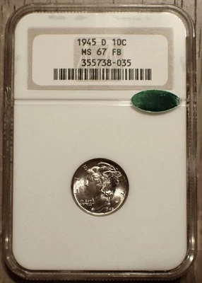 1945-D Mercury Silver Dime, Final Year Issue Beautiful Superb Gem NGC MS67FB CAC - Image 1 of 3
