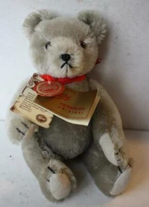 Hermann Teddy Bear Gray Mohair Red Tie Black Stitched Nose Fully Jointed CUTIE - - Picture 1 of 1