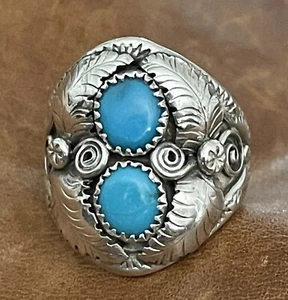 Vintage Native Navajo Richard Begay Sterling Turquoise, Feather Mens Ring 13.25 - Picture 1 of 12