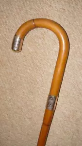 Antique Bamboo Walking Stick / Cane - Crook Handle & Repousse Gold Furnishings - Picture 1 of 14