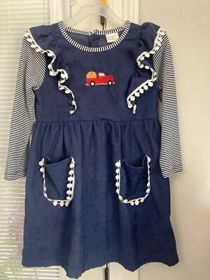 Usado en Excelente Condición Vestido de Pana Azul Marino Manga Larga Mangas a Rayas Sin Marca Niñas Talla 6 Foto 1 de 4