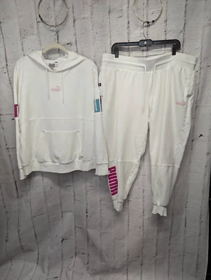 Puma Active Tracksuit Set White Long Sleeve Hoodie 2X Crop Pants Joggers Sz 3X - Image 1 of 4