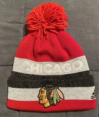 New ADIDAS Authentic NHL Chicago Blackhawks CUFFED Pom Beanie Knit Hat NWT *NICE - Image 1 of 4