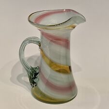Hand Blown Pink Yellow Swirled Art Glass Pitcher Pinched Spout Applied Handle 6”