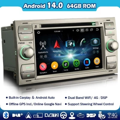 7"Android 14 Navi Autoradio Carplay DAB+DVD Ford Focus C-Max Kuga Fiesta Transit - Bild 1 von 4