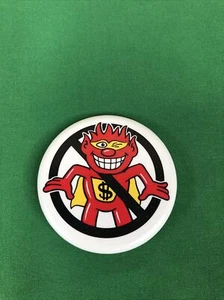 Vintage Flair Button Pin 'No Cape-Wearing Red Devil Winking with Dollar Sign' - Picture 1 of 5