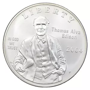 Unc 2004 Thomas A. Edison Light Bulb - US Commemorative 90% Silver Dollar - Picture 1 of 3