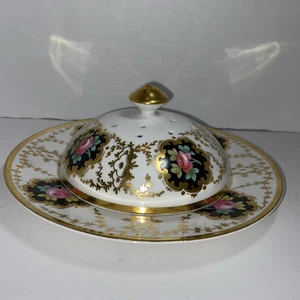 "Plato Schmidt & Son NY 8"" con tapa pintado a mano dorado con rosas BB11" - Imagen 1 de 19