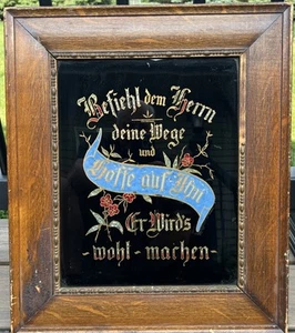 Antike viktorianische umgekehrt bemalte Glasfolie deutsches Sprichwort Eichenholz primitiv - Bild 1 von 2