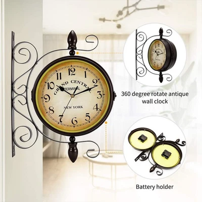 Garden Outdoor Retro Wall Clock Double Sided Hanging Station Bracket Clock - Image 1 of 4