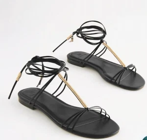 New NEXT Black Flat Leather Ankle Strap Sandals Metallic Detail RRP £55 Size 3 - Picture 1 of 4