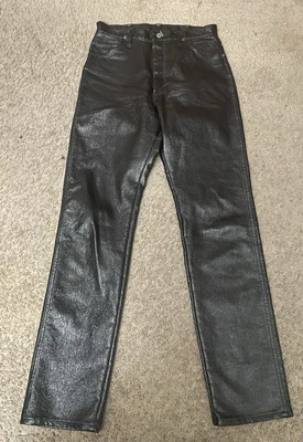 RARE Vintage Wrangler Black Leather Vinyl Pleather Wax Coded Denim Jeans 11x34 - Image 1 of 4
