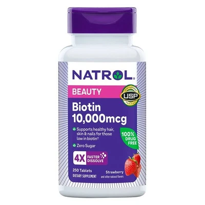 Natrol Biotina 10.000 mcg 250 Comprimidos Extra Fuerte Sabor Fresa Foto 1 de 2