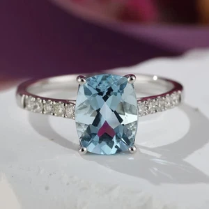 Ring 5,50 kt natürlicher Aquamarin & Diamant Kissenschliff in 14 K massivem Weißgold - Bild 1 von 10