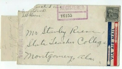 1940 Dayton Ohio, Airmail Registry to Montgomery AL, 24c Prexie Single Franking - Image 1 of 2