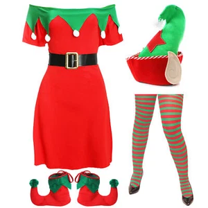 SEÑORA ELFO DISFRAZ TRAJE DE NAVIDAD ELEGANTE VESTIDO BOTAS TÚNICA MEDIAS FIESTA NAVIDAD - Imagen 1 de 7