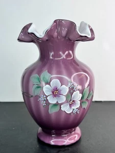 Fenton Glass Plum Overlay Sweet Briar Rib Optic Fluted Purple Vase 6 3/4" - Picture 1 of 8