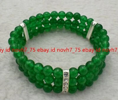 3 Reihen 6mm Grüner Jade Edelstein Runde Perlen Armreif Armband 19cm - Bild 1 von 4