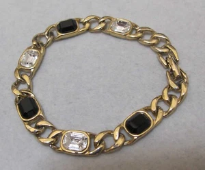Vintage schwarz & klar Smaragdschliff Strass goldfarben Panzerkette 7" Tennisarmband - Bild 1 von 13