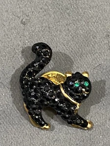 Black Rhinestone Cat Kitten Brooch Pin Enamel Gold-tone Detail Fashion Jewelry - Picture 1 of 5