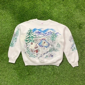 Vintage Snow Winter Christmas AOP Crewneck Sweatshirt OSFA White USA Made VTG - Picture 1 of 19
