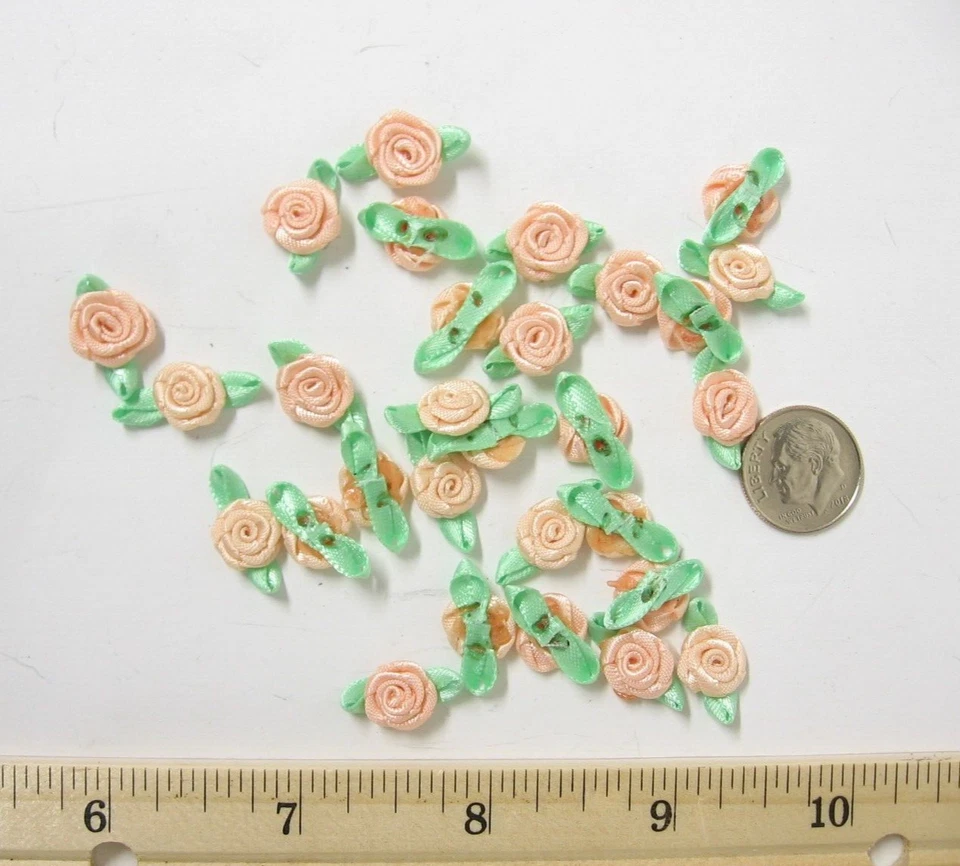 100 pc - 3/8" Peach Rolled Rose Ribbon Flower, Trim, Embellishment 5/8" w/leaves - Image 1 of 1
