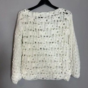 Handmade Crochet Floral Pattern Sweater Boho Open Knit White LongSleeve Pullover - Picture 1 of 5