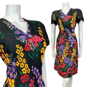 VESTIDO MANGA CORTA VINTAGE AÑOS 60 70 NEGRO AMARILLO LILA FLORAL AMAPOLA MOD 12 14 - Imagen 1 de 7