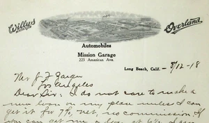 Willys Knight Overland Automóvil Membrete Mission Garage Long Beach CA 1918 - Imagen 1 de 5